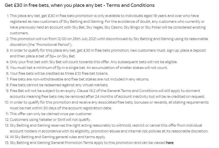 Matched Betting Welcome Offers Skybet details